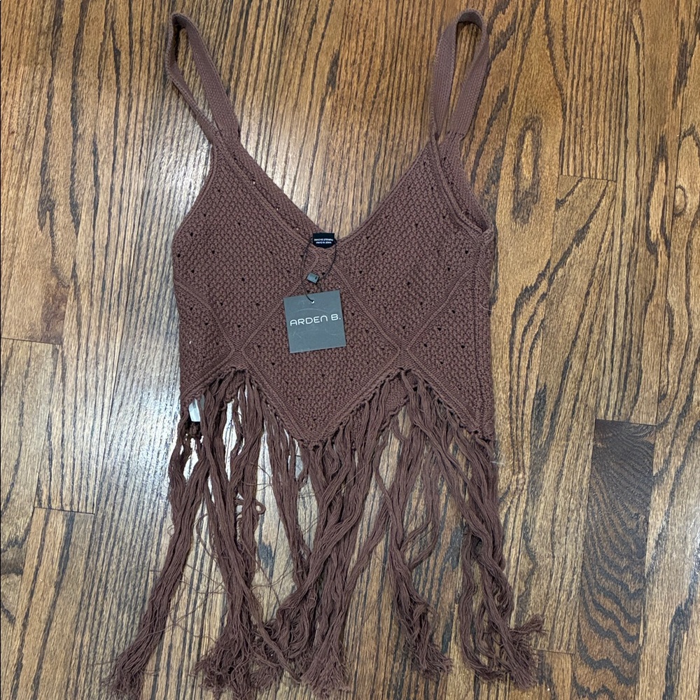 Arden B Brown Fringe Crochet Top
